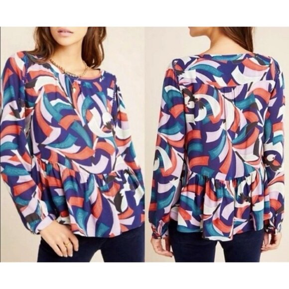 Maeve Anthropologie Cheyenne Peplum Birds Print Blouse Small Top Long Sleeves - Picture 2 of 12